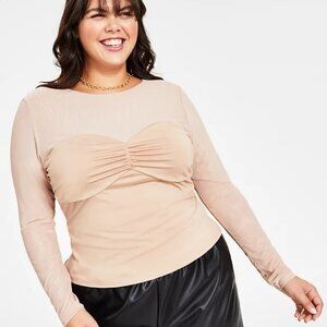 Bar III Plus Size Ruched-Bodice Sheer-Sleeve Top - NWT